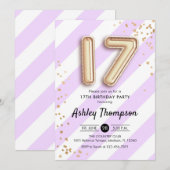 17e verjaardag - Paarse strepen en gouden ballonne Kaart (Voorkant / Achterkant)