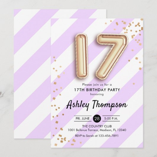 17e verjaardag - Paarse strepen en gouden ballonne Kaart (Voorkant / Achterkant)