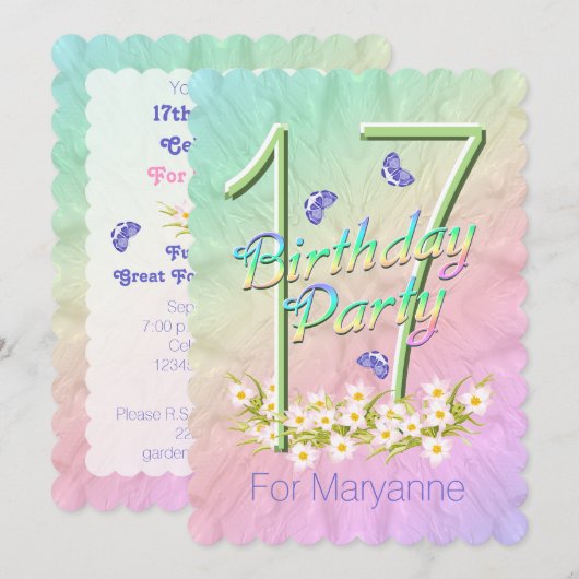 17e Verjaardag Party Butterfly Garden Uitnodiging (Voorkant / Achterkant)