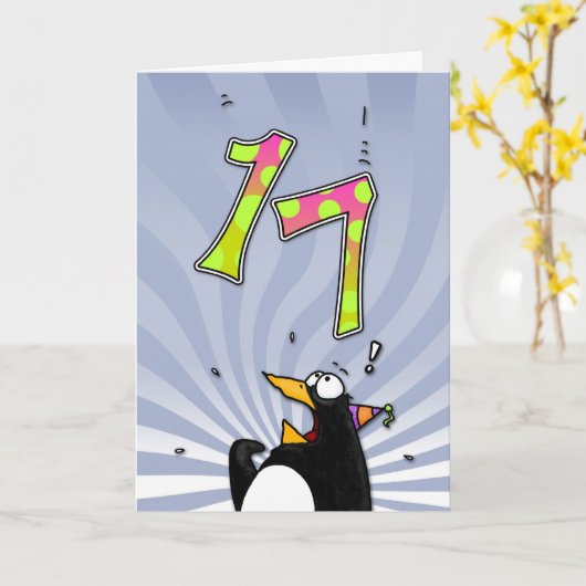 17e verjaardag - Penguin Surprise Kaart (Gele Bloem)