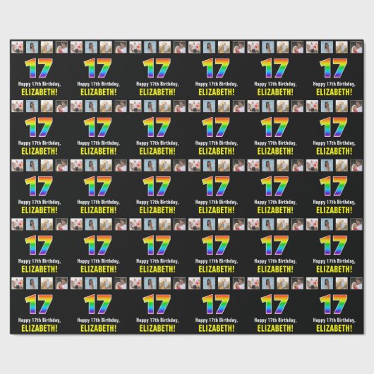 17e verjaardag: Regenboog "17"; Aangepaste foto's  Cadeaupapier (Zoom)