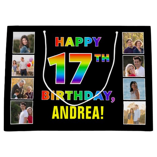 17e verjaardag: Regenboogtekst, aangepaste foto's  Groot Cadeauzakje (Voorkant)