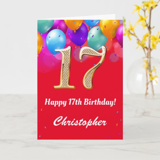 17e verjaardag Rode en goudkleurige ballonnen Kaart (Gele Bloem)