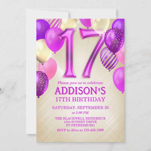 17e verjaardag roze ballonnen uitnodiging (Voorkant)