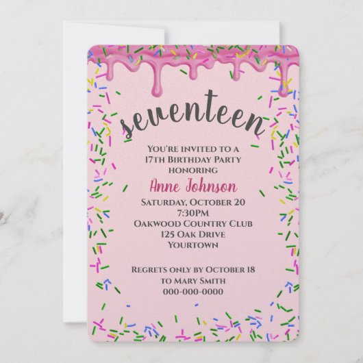 17e verjaardag roze ijsjes en strooisel kaart (Voorkant)