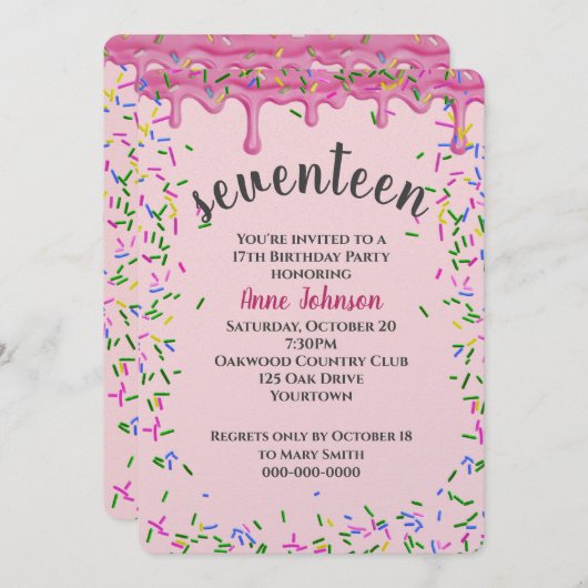 17e verjaardag roze ijsjes en strooisel kaart (Voorkant / Achterkant)