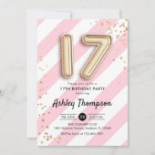 17e verjaardag - Roze strepen en gouden ballonnen Kaart (Voorkant)