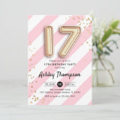 17e verjaardag - Roze strepen en gouden ballonnen Kaart (Staand voorkant)