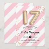 17e verjaardag - Roze strepen en gouden ballonnen Kaart (Voorkant / Achterkant)