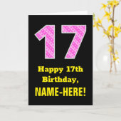 17e verjaardag: roze strepen en harten "17" + naam kaart (Gele Bloem)