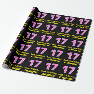 17e verjaardag: Roze strips en harten "17" + Naam Cadeaupapier