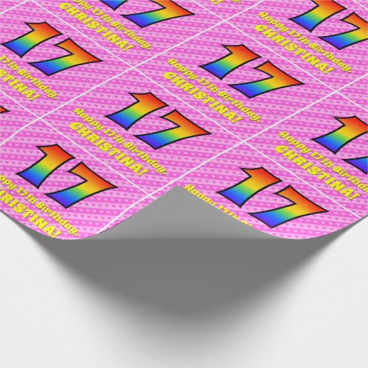 17e verjaardag: roze strips & harten, regenboognr. cadeaupapier (Hoek)