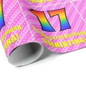 17e verjaardag: roze strips & harten, regenboognr. cadeaupapier (Rol Hoek)