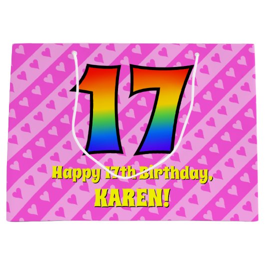 17e verjaardag: roze strips & harten, regenboognr. groot cadeauzakje (Voorkant)