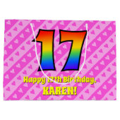 17e verjaardag: roze strips & harten, regenboognr. groot cadeauzakje (Achterkant)