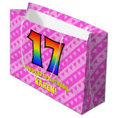 17e verjaardag: roze strips & harten, regenboognr. groot cadeauzakje (Voorkant Gekanteld)