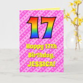 17e verjaardag: roze strips & harten, regenboognr. kaart (Gele Bloem)