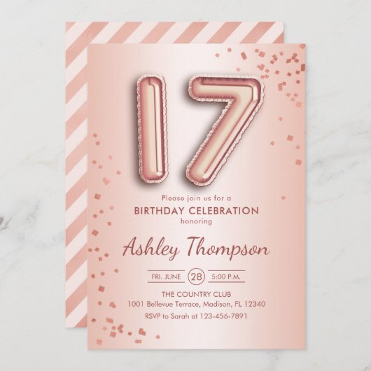 17e Verjaardag - Rozen gouden ballonnen Kaart (Voorkant / Achterkant)