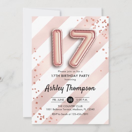 17e Verjaardag - Stripes Roos Gouden Ballonnen Kaart (Voorkant)