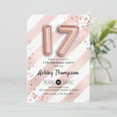 17e Verjaardag - Stripes Roos Gouden Ballonnen Kaart (Staand voorkant)