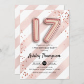 17e Verjaardag - Stripes Roos Gouden Ballonnen Kaart (Voorkant / Achterkant)