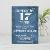 17e verjaardag Uitnodiging Blauwe linen Rustic Che (Staand voorkant)