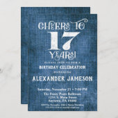 17e verjaardag Uitnodiging Blauwe linen Rustic Che (Voorkant / Achterkant)