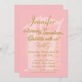 17e verjaardag Uitnodiging Meisjes Roze Gold Heart (Voorkant / Achterkant)