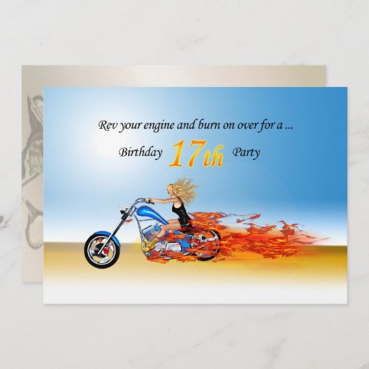 17e verjaardag Uitnodiging partij Flaming motorfie (Voorkant / Achterkant)