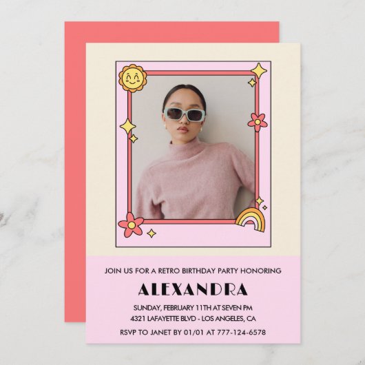 17e verjaardag uitnodiging Retro Groovy Pink Flora (Voorkant / Achterkant)