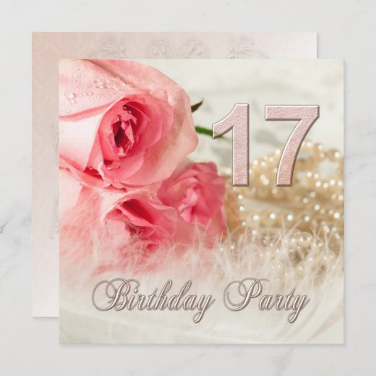 17e verjaardag uitnodiging, rozen en parels kaart (Voorkant / Achterkant)