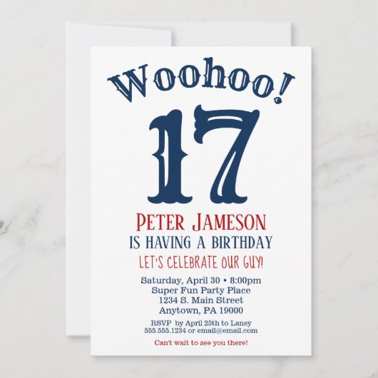 17e verjaardag uitnodiging Teen Boy Navy Blue (Voorkant)