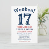 17e verjaardag uitnodiging Teen Boy Navy Blue (Staand voorkant)