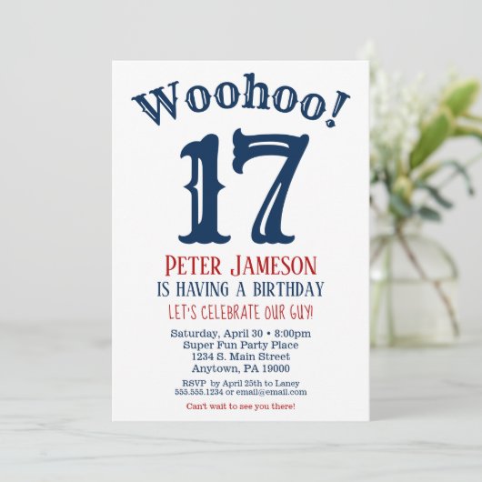 17e verjaardag uitnodiging Teen Boy Navy Blue (Staand voorkant)