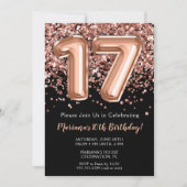 17e verjaardag Uitnodiging zwart Roos Gold Glitter (Voorkant)