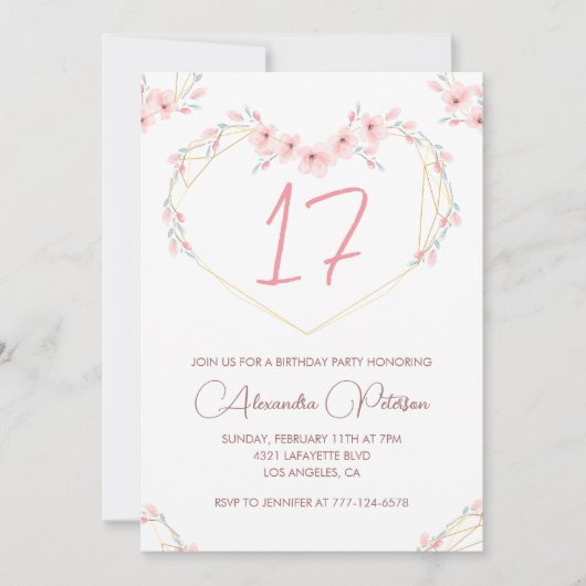 17e verjaardag uitnodigingen Boho Floral Pink (Voorkant)