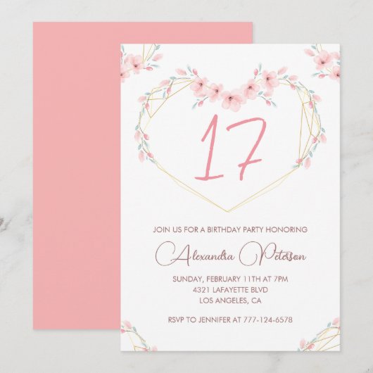 17e verjaardag uitnodigingen Boho Floral Pink (Voorkant / Achterkant)