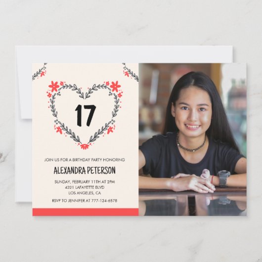 17e verjaardag uitnodigingen voor haar Bloemenhart (Voorkant)