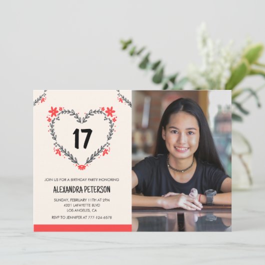17e verjaardag uitnodigingen voor haar Bloemenhart (Staand voorkant)