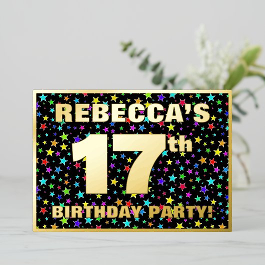 17e verjaardag van de geboorte - Fun, kleurrijk st Folie Uitnodiging (Staand Voorkant)
