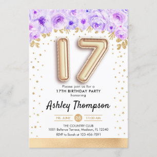 17e verjaardag van de gouden ballonnen Paars Kaart