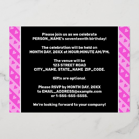 17e verjaardag van de opstand - vuurroze harten en folie uitnodiging (Achterkant)