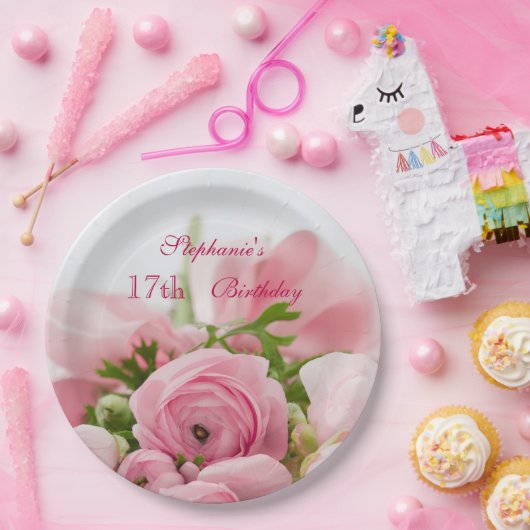 17e verjaardag van roze rozen papieren bordje (Feest)