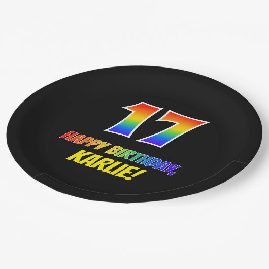 17e verjaardag: Vet, Vun, eenvoudig, regenboog 17 Papieren Bordje (Gekanteld)