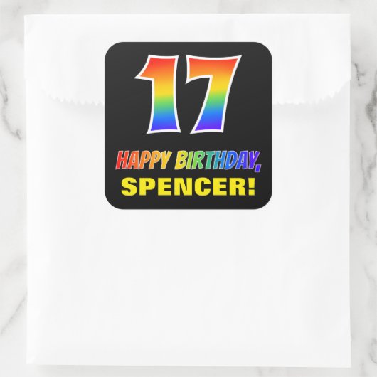 17e verjaardag: Vet, Vun, eenvoudig, regenboog 17 Vierkante Sticker (Tas)