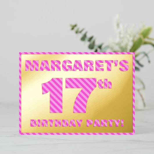 17e verjaardag — Vet, vuurtje, roze band # 17 Folie Uitnodiging (Staand Voorkant)