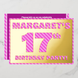 17e verjaardag — Vet, vuurtje, roze band # 17 Folie Uitnodiging
