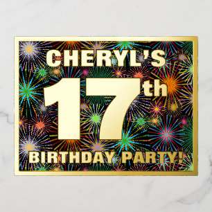 17e verjaardag: Vette, kleurrijke Fireworks-look Folie Uitnodiging Briefkaart