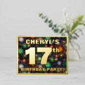 17e verjaardag: Vette, kleurrijke Fireworks-look Folie Uitnodiging Briefkaart (Staand Voorkant)