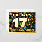 17e verjaardag: Vette, kleurrijke Fireworks-look Folie Uitnodiging Briefkaart (Voorkant / Achterkant)